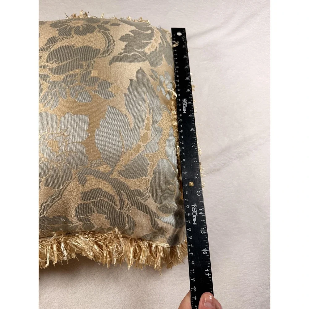 Gold Floral Fringe Throw Pillow‎ 16x16 Textured Square Indoor Decor Accent
